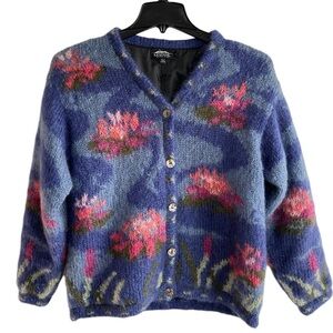 VTG Icelandic Design Cardigan Sweater Mohair Lined Periwinkle Pink Floral Artsy